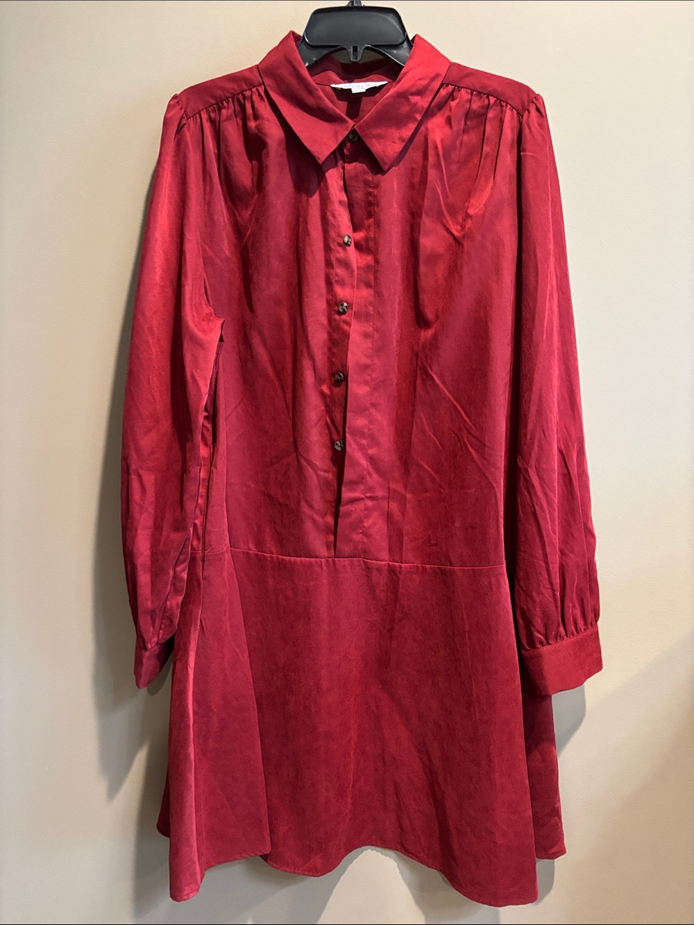 Long-Sleeve Button Front Dress in Deep Red Burgandy